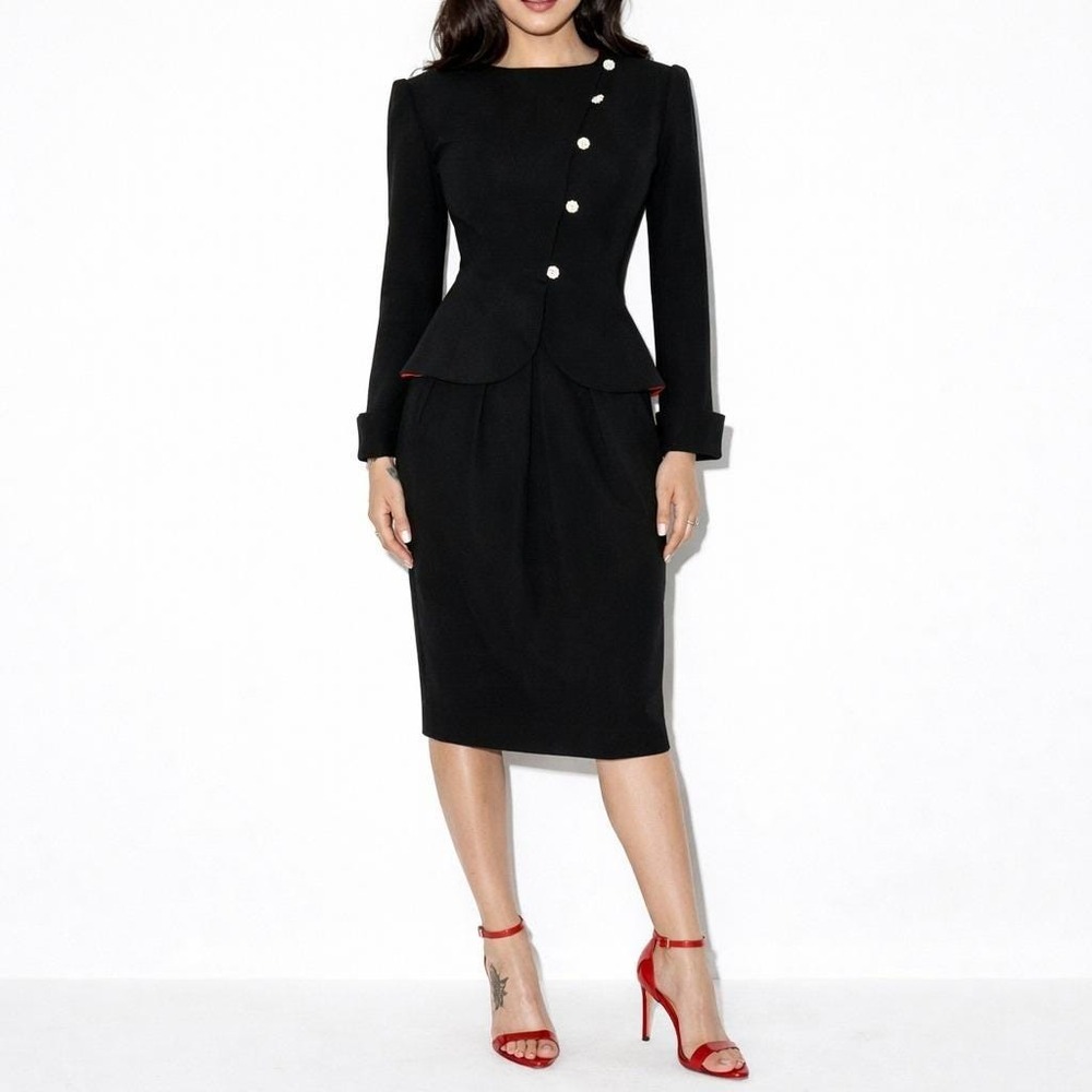 70s Vintage Wool Silk Asymmetrical Skirt Suit Womens S Black Red Holiday Blazer